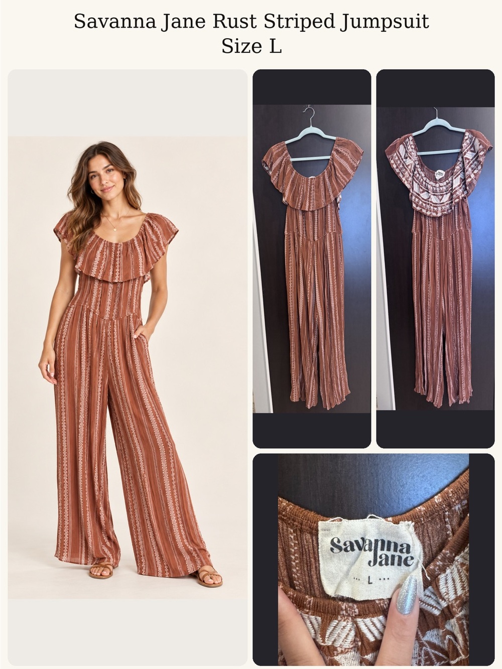Savanna Jane Rust Brown Striped Ruffled Jumpsuit